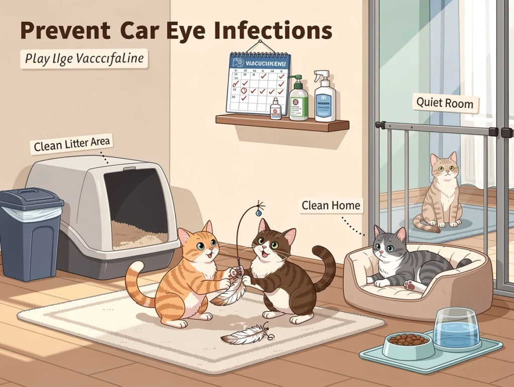 Pet-focused illustration showing healthy cats playing in a clean, stress-free environment representing prevention of eye infections