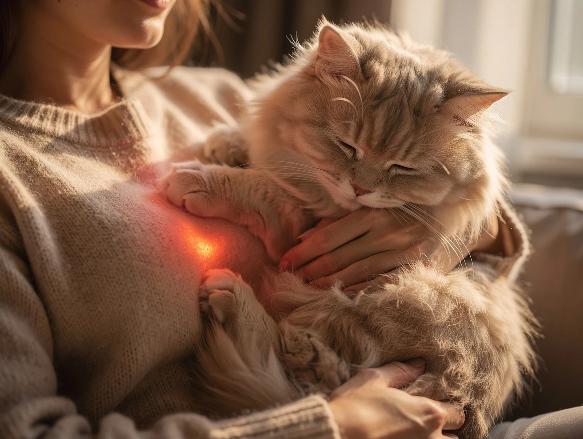 Why does my cat sleep on me - a fluffy cat snugly curled up on a person's chest in a calm home environment.