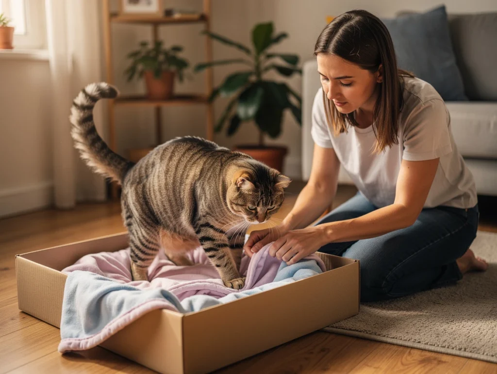 A caring cat owner preparing a nesting box for their pregnant cat who is digging at soft blankets