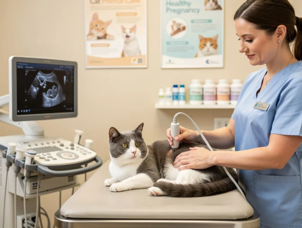 Veterinarian performing an ultrasound on a calm pregnant cat in a professional veterinary setting