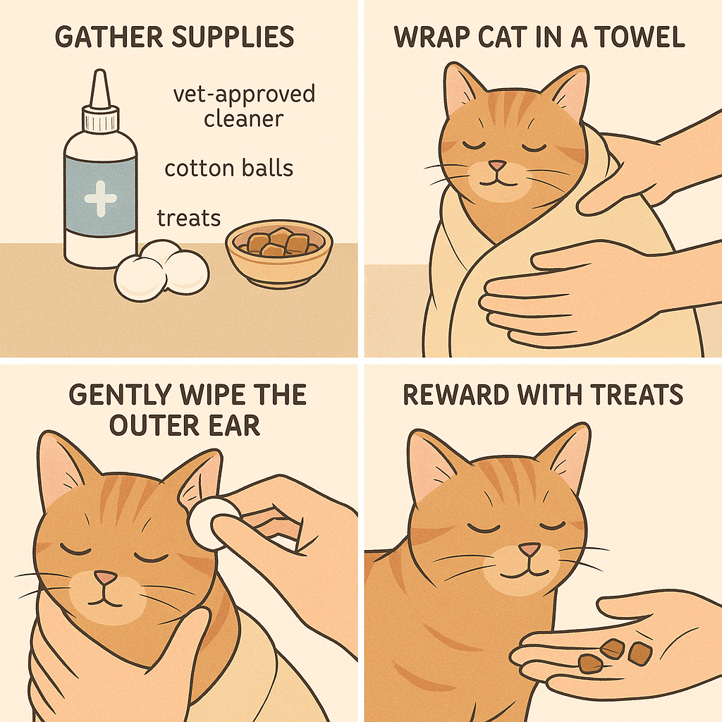 A cozy home setting showing a person gently cleaning a calm cat's ear using cotton ball and vet-approved ear cleaning solution with treats nearby