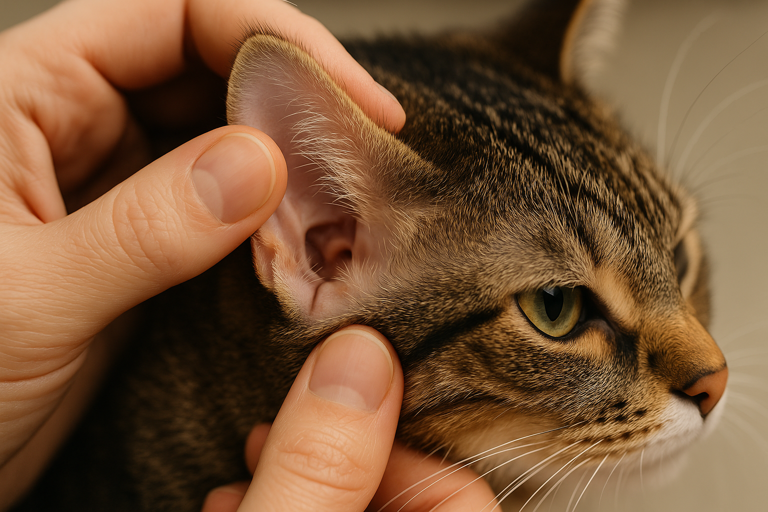 A close-up image of a healthy cat ear being examined carefully by a pet owner, highlighting the pinkish ear and no wax or infection