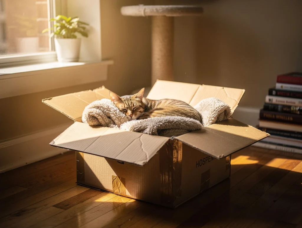 Cats and Boxes A cozy New York apartment corner showing a cat peacefully curled up inside a medium-sized open cardboard box with soft blankets, sunlight streaming through a nearby window highlighting a calm and secure cat environment.