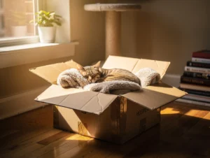 Cats and Boxes A cozy New York apartment corner showing a cat peacefully curled up inside a medium-sized open cardboard box with soft blankets, sunlight streaming through a nearby window highlighting a calm and secure cat environment.