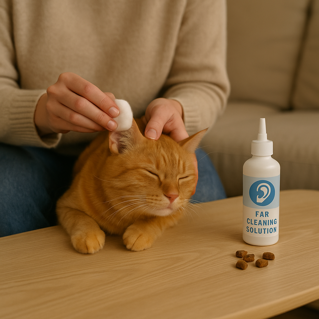 A veterinary clinic scene where a vet is examining a cat’s ears with professional instruments, highlighting urgency of seeking help if infection signs