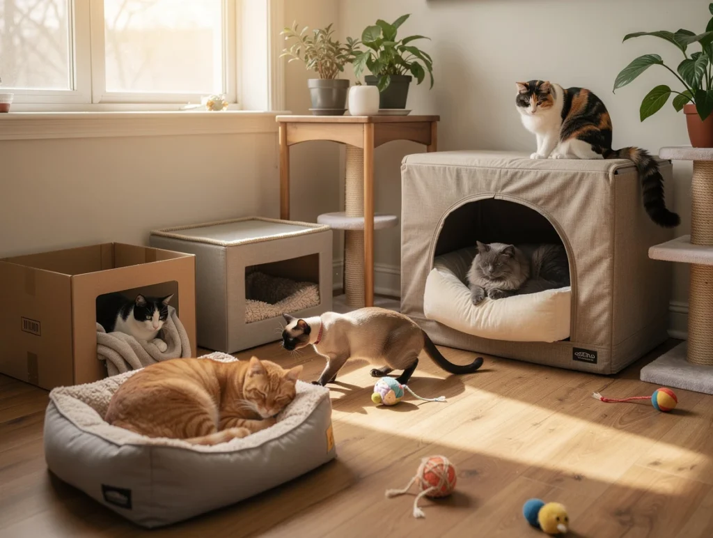An indoor scene featuring a multi-cat household with various types of boxes — cardboard, covered storage box, and soft fabric bed boxes — placed strategically in quiet spots, while cats are seen happily exploring or resting, demonstrating reduced stress and harmony. Cats and Boxes together.