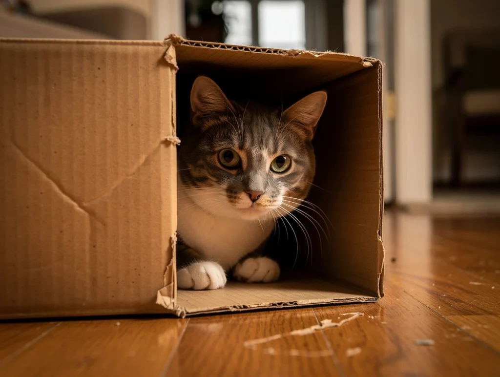 A cat looking cautiously from inside a cardboard box used as a hiding spot with a calm expression, illustrating how boxes serve as safe refuges during stressful events like visitors or loud noises in the home. Cats and Boxes