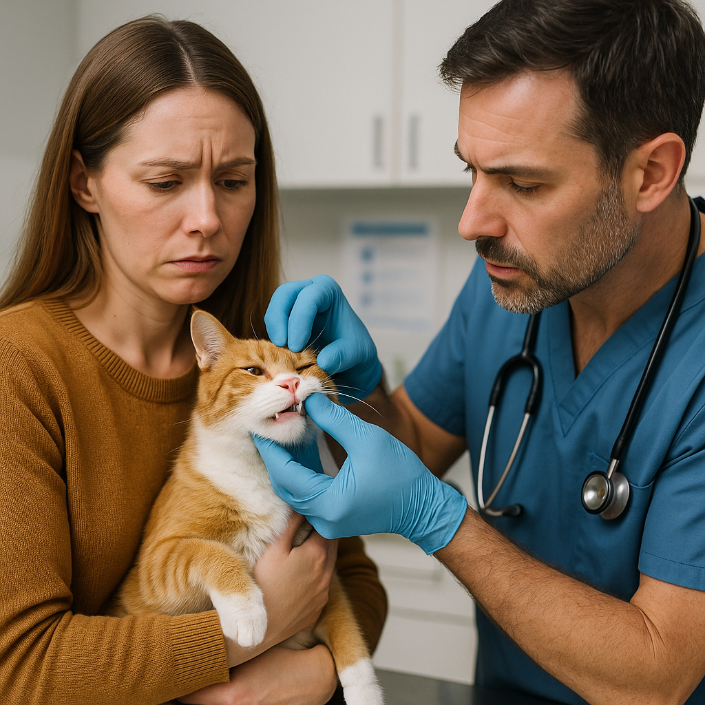 A concerned cat owner holding their cat gently in a veterinary clinic, with the vet inspecting the cat’s mouth, showing a professional and caring environment emphasizing an emergency vet visit for drooling cats.