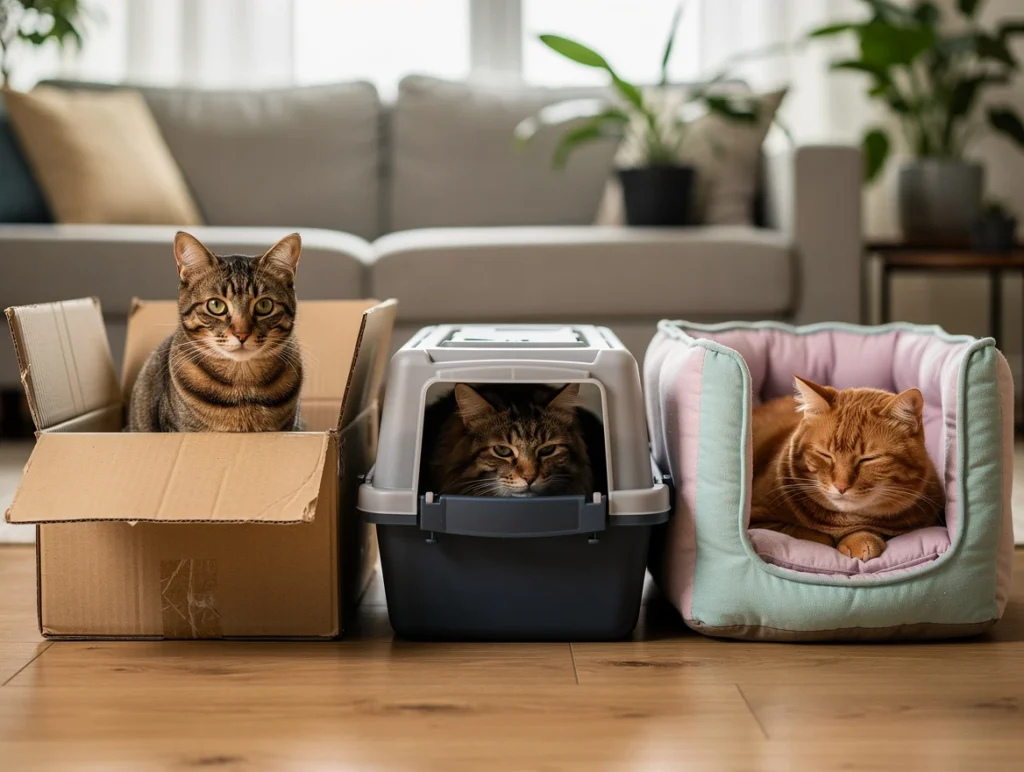 A side-by-side comparison scene displaying different box types preferred by cats: a simple cardboard box with a cat inside, a covered storage box, and a soft fabric box bed, each occupied by cats of different temperaments in a warm, family-friendly setting.