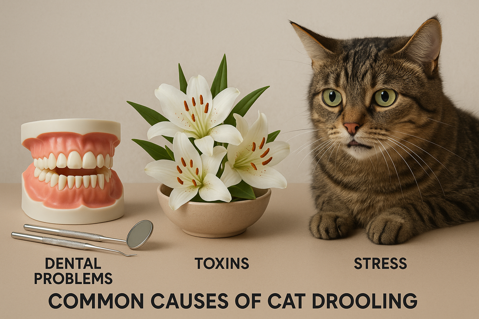 A detailed, professional image of various cat-related health issues on a table or board: dental tools next to a cat dental model, a small bowl of toxic plants like lilies, and a cat looking anxious, representing common causes of cat drooling such as dental problems, toxins, and stress.