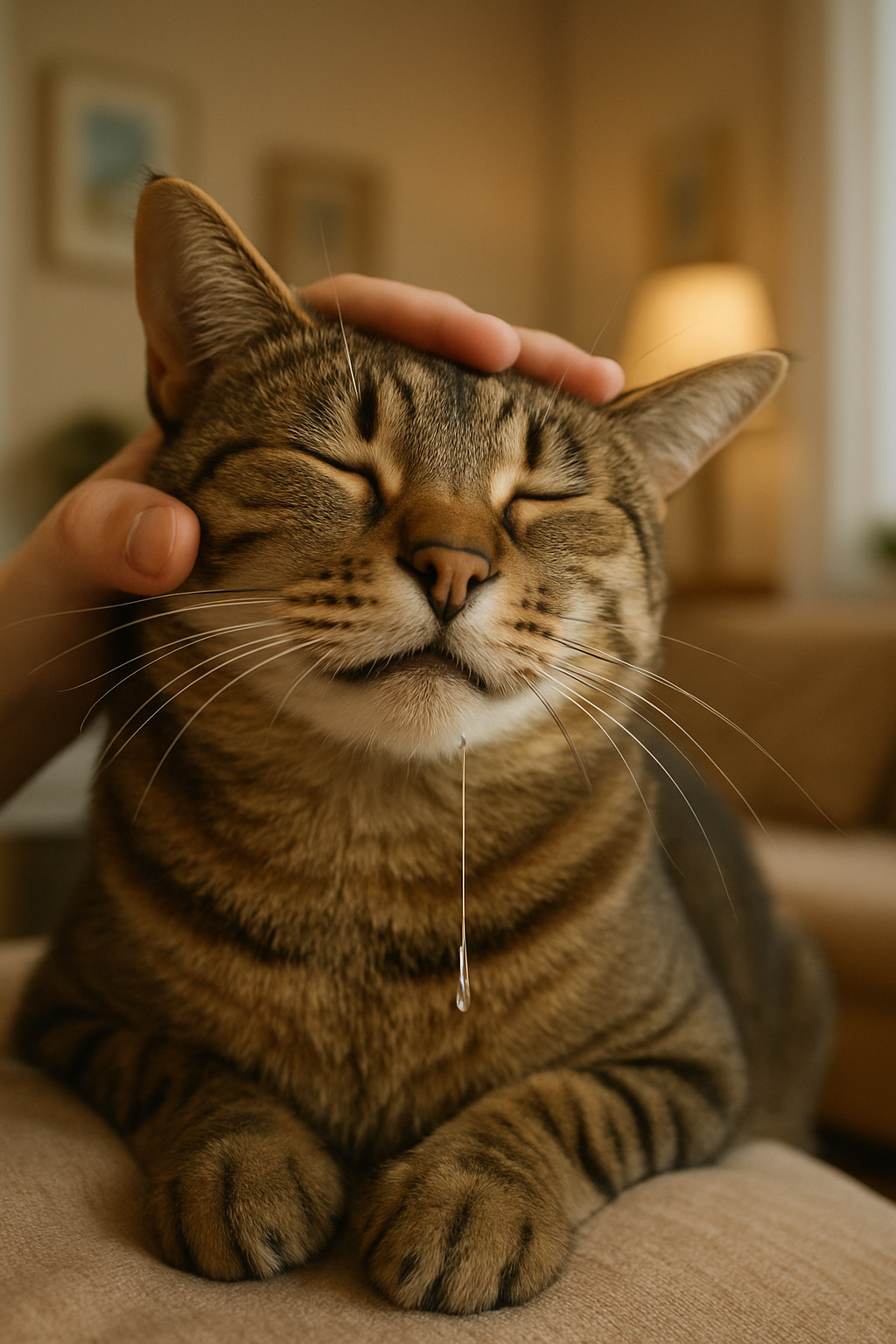 A realistic close-up of a relaxed cat calmly drooling while being petted, illustrating normal or happy drooling in a calm, cozy home setting, with soft lighting and a family-friendly atmosphere.