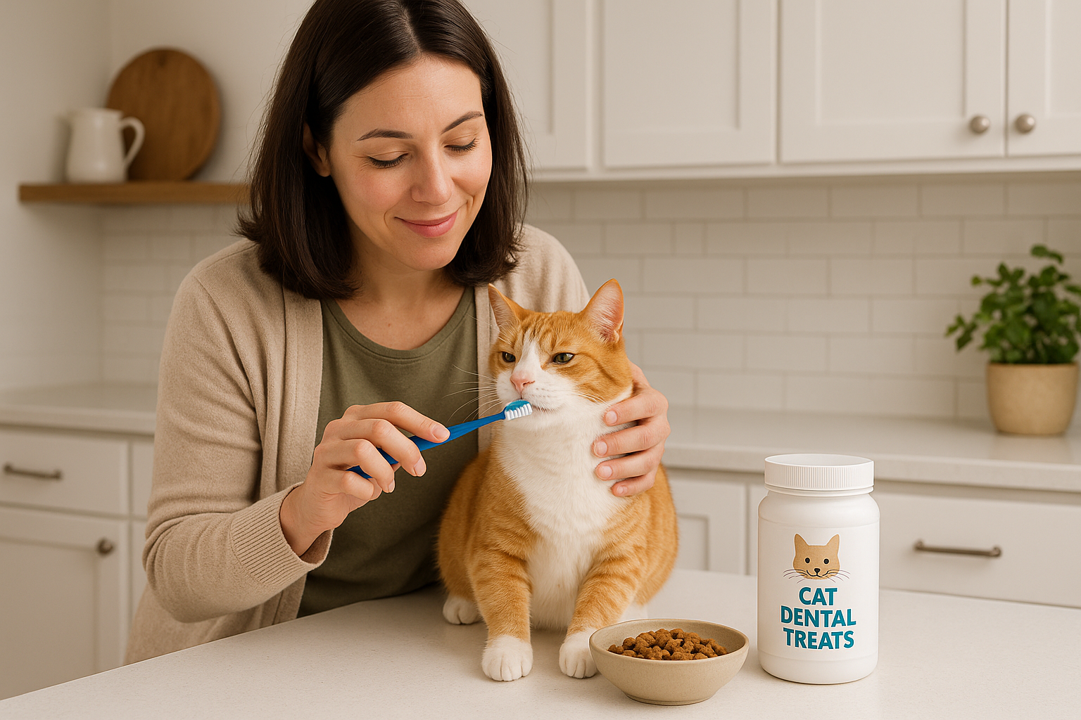 A neat, welcoming home scene where a pet owner is brushing their cat’s teeth and placing safe cat food treats nearby, aimed at portraying at-home management and prevention of drooling with dental care and diet monitoring.