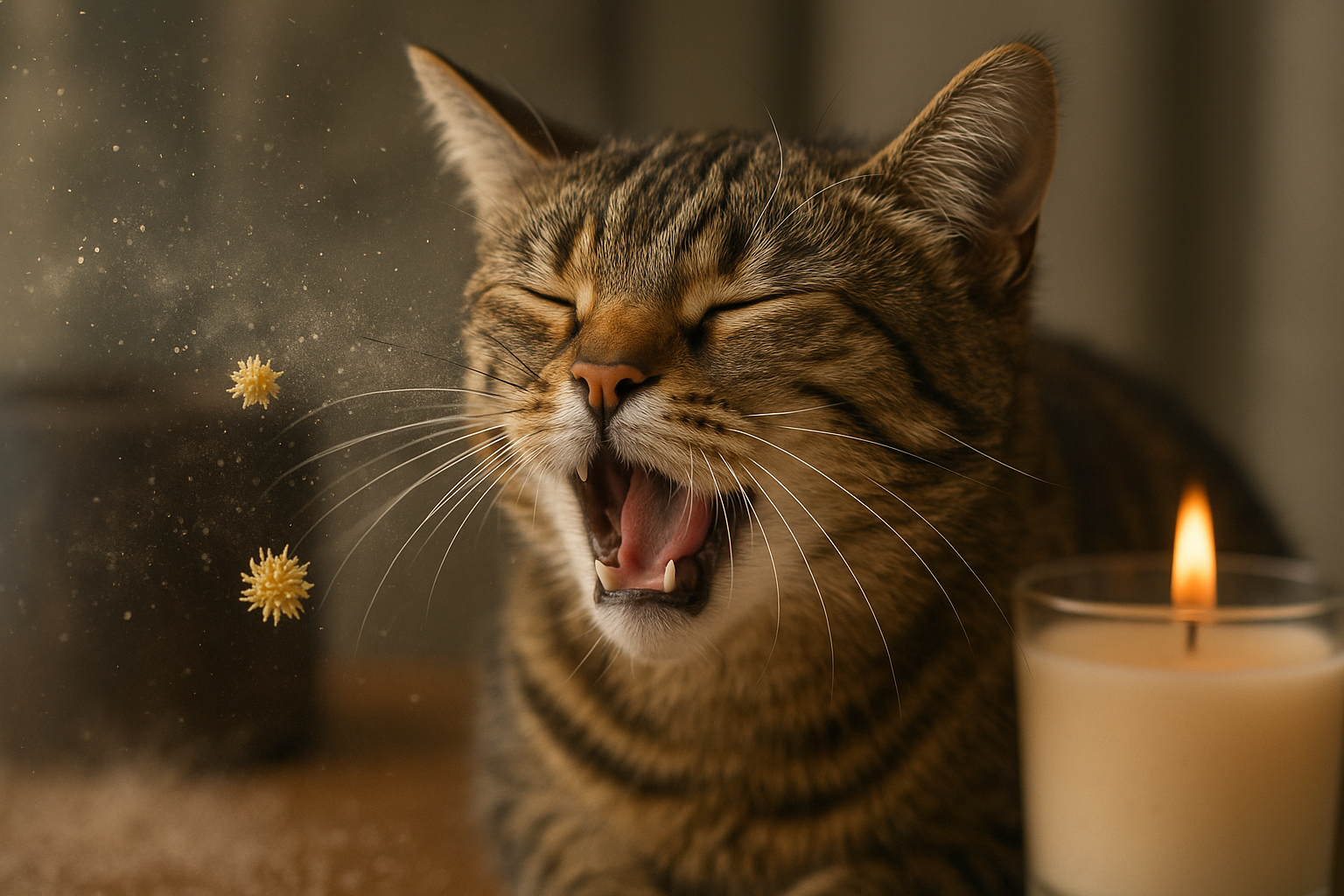 A concerned cat owner gently holding their cat in a cozy home setting, with the cat showing mild signs of discomfort such as watery eyes or sneezing, highlighting the urgency of seeking veterinary care when symptoms worsen.