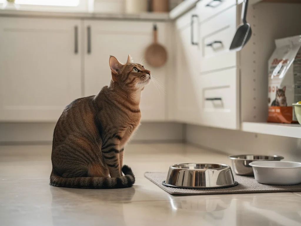 A hungry cat sitting patiently next to an empty food bowl, staring up at its owner with anticipation, in a clean, modern kitchen setting with subtle hints of pet feeding supplies.
