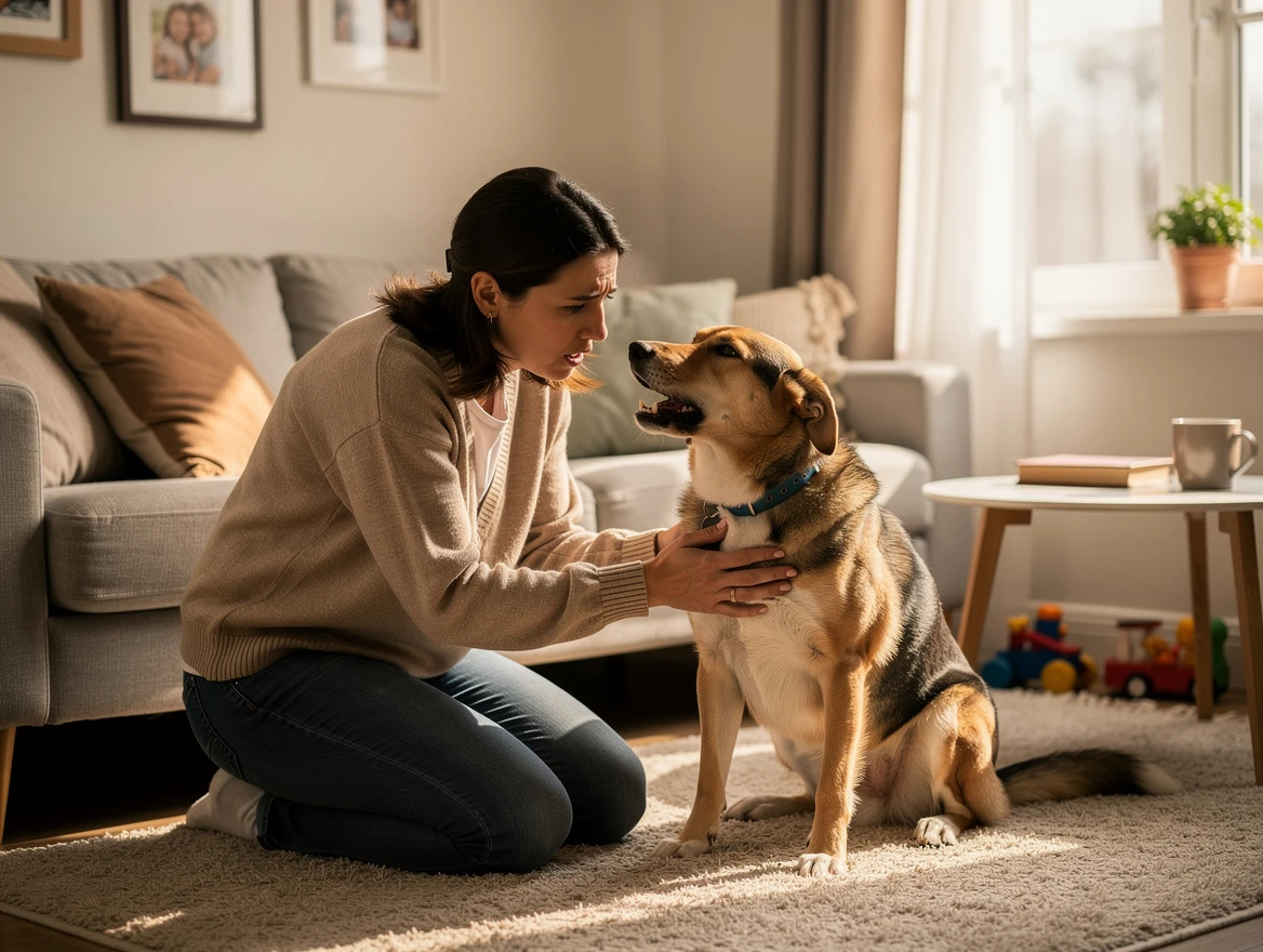 Worried dog owner observing their dog coughing and gagging gently indoors in a cozy home setting
