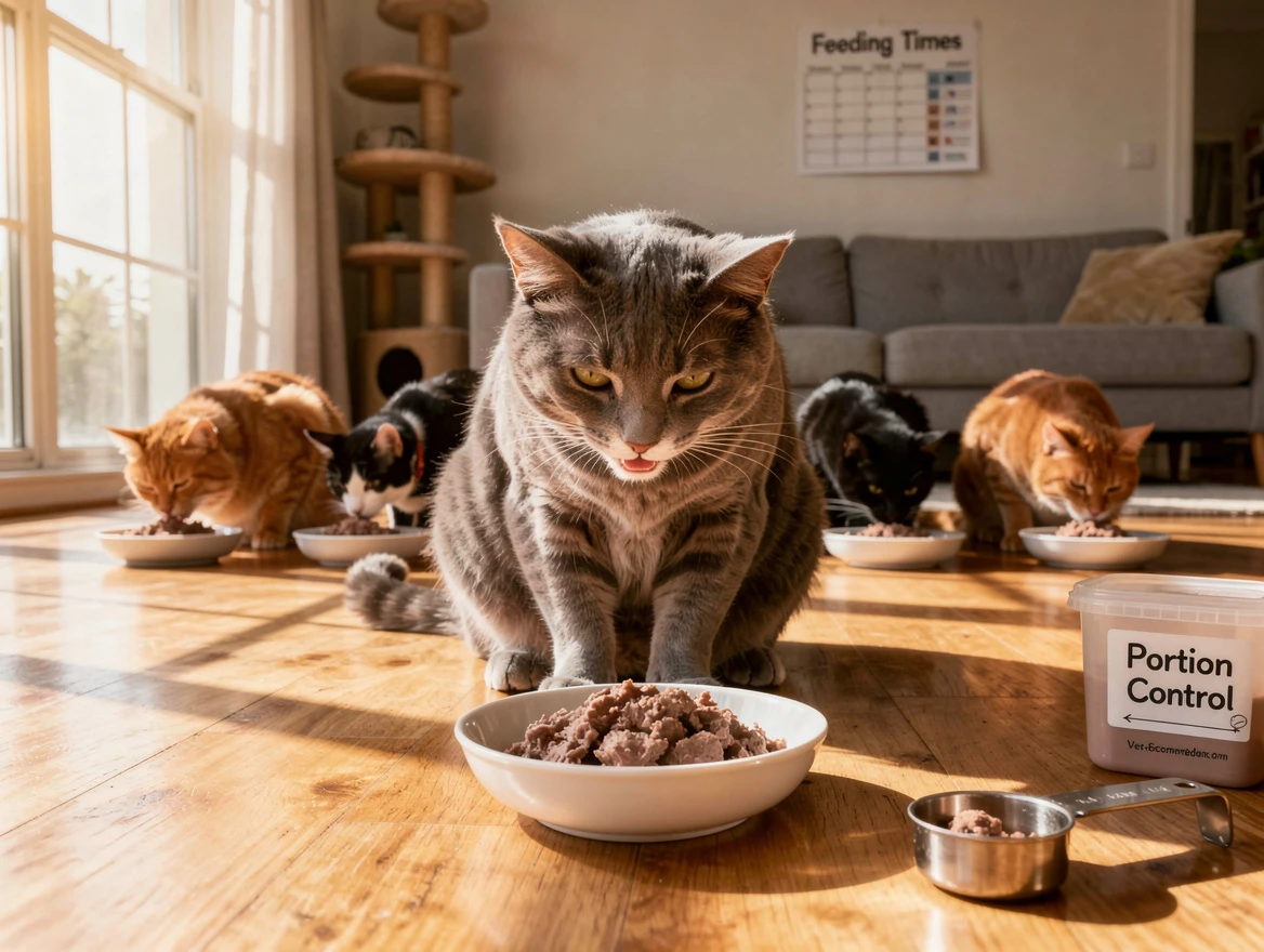 A happy domestic cat eating eagerly from a clean bowl of wet food in a sunny living room, with multiple cats in the background, capturing feeding routines and portion control, emphasizing vet-recommended feeding frequency and healthy habits.