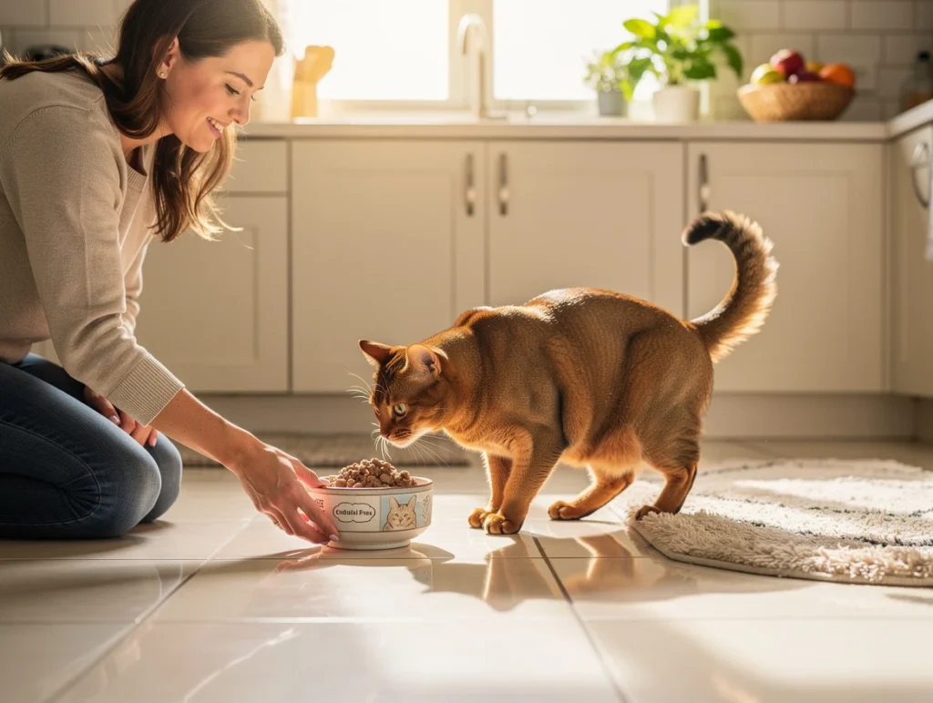 Cat owner feeding cat grain free wet cat food in bright kitchen with happy feline
