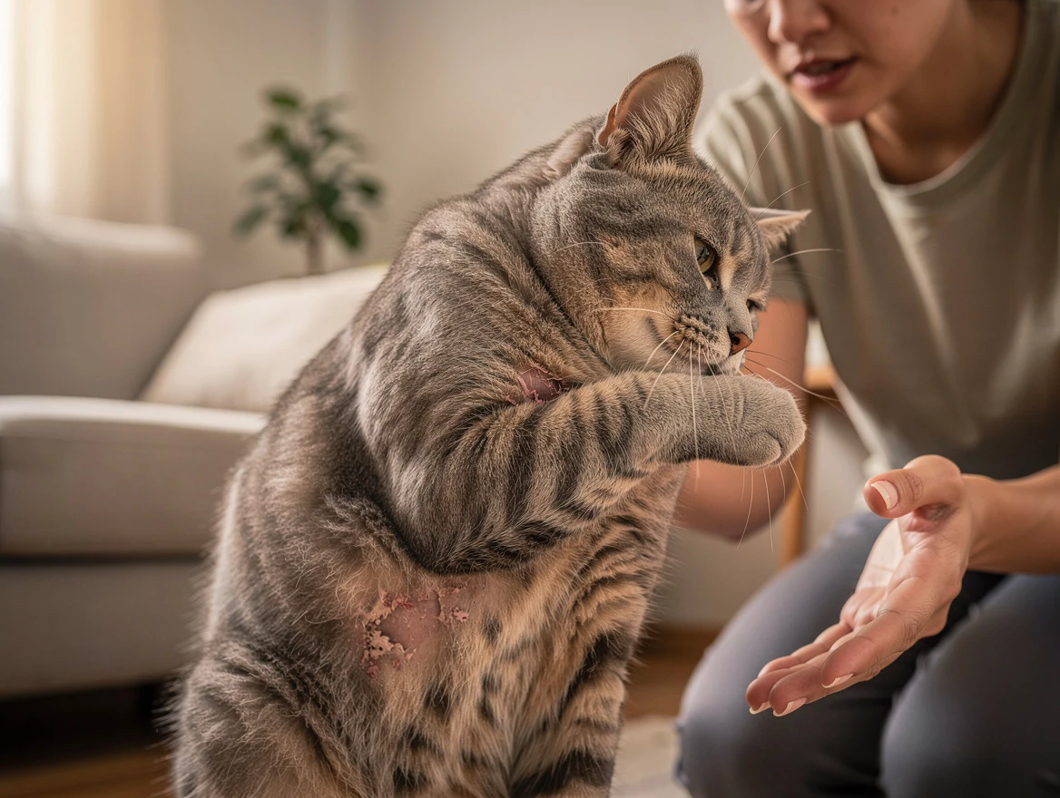 Why does my cat twitch in his sleep - close-up of a cat showing signs of skin irritation that may cause twitching during sleep.