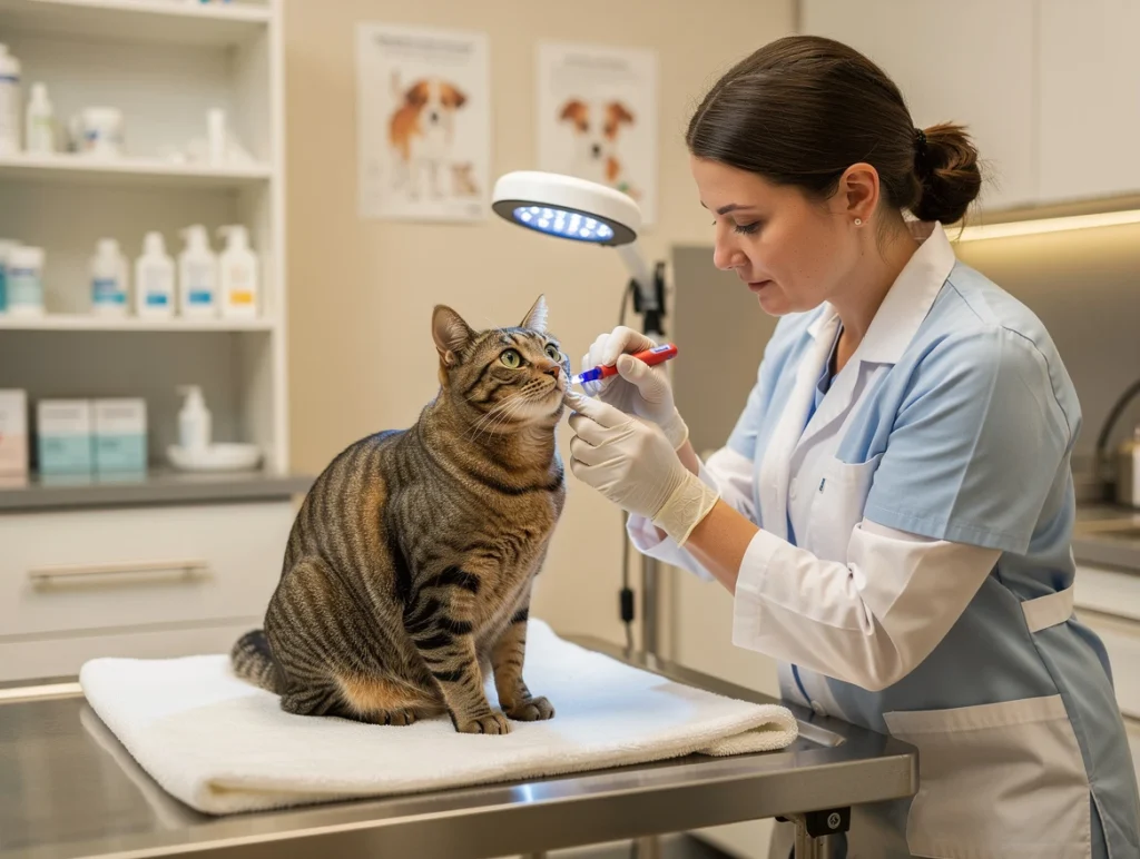 Veterinary clinic scene with vet performing fluorescein stain test on a calm cat's eye