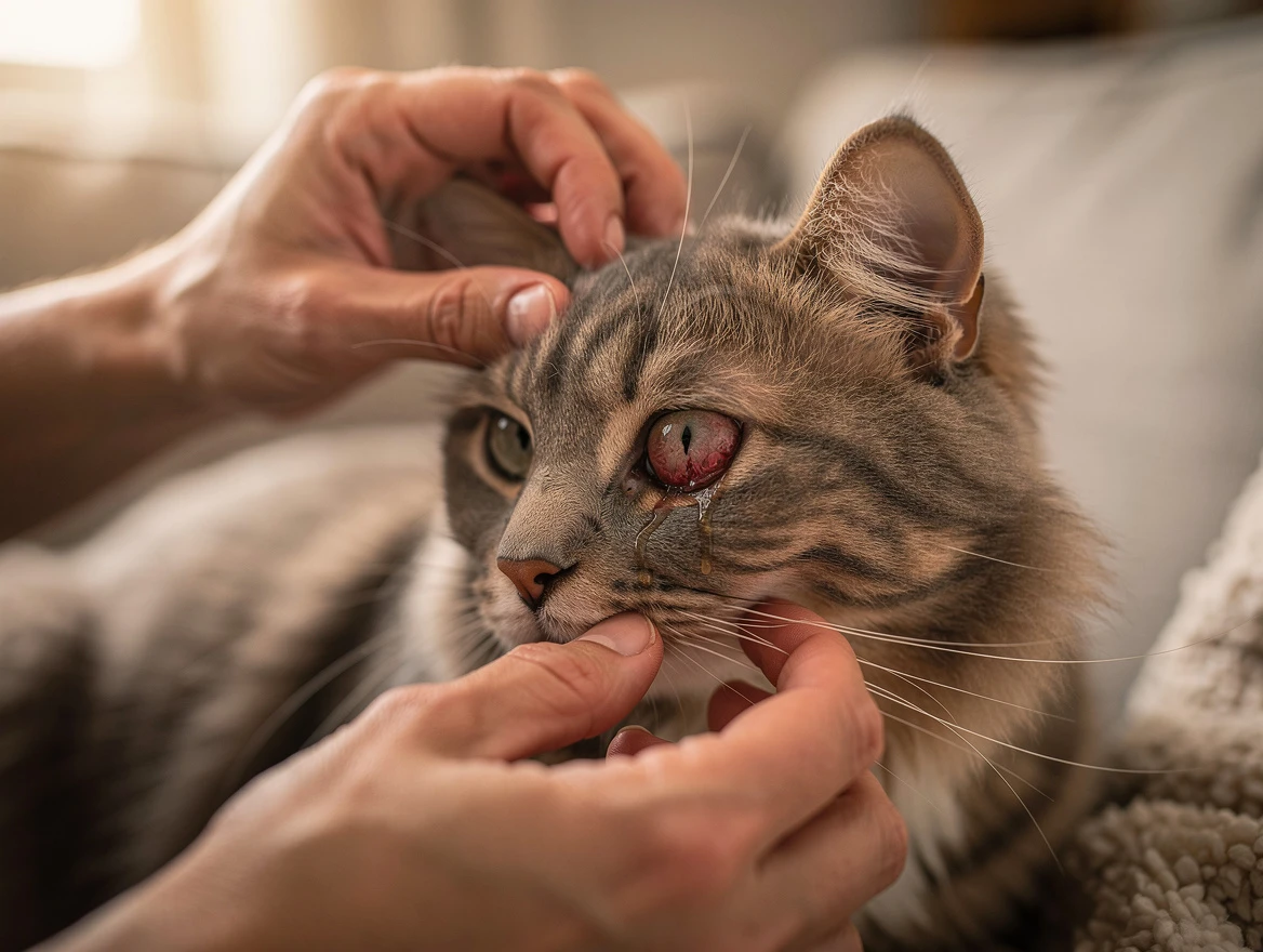 Concerned cat owner gently examining their cat's eye showing mild redness and watery discharge in a cozy home
