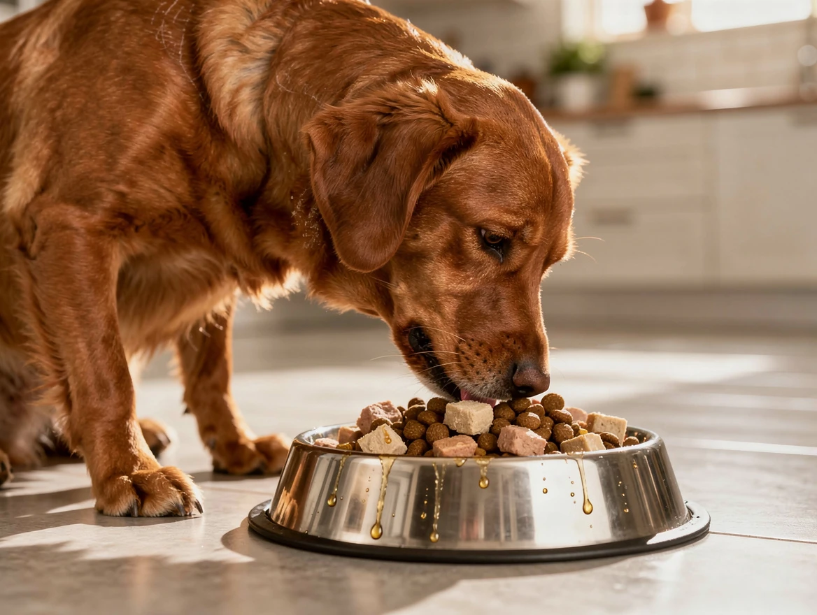 Healthy dog eating a bowl of premium balanced dog food enriched with omega fatty acids showing the importance of nutrition for skin health