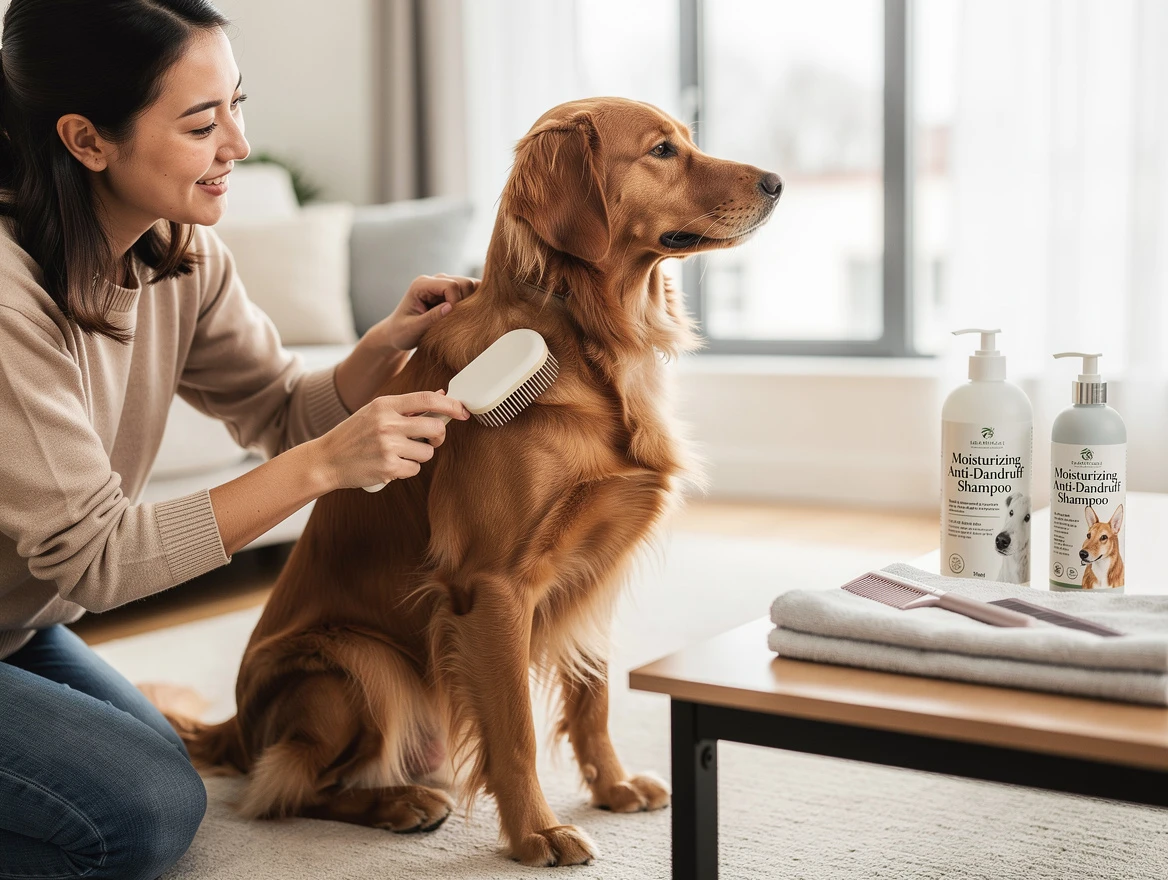 Dog being gently groomed and brushed by a family member at home showing regular grooming as part of dry skin and dandruff treatment