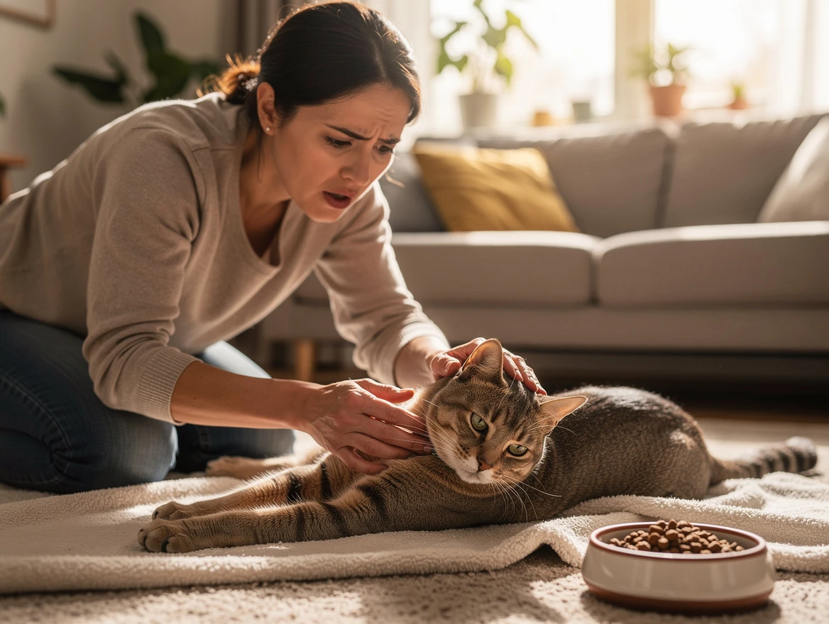 A concerned cat owner gently inspecting their cat who looks lethargic near an untouched bowl of wet cat food, set in a bright, cozy home environment to illustrate the emergency warning signs for seeking vet help.