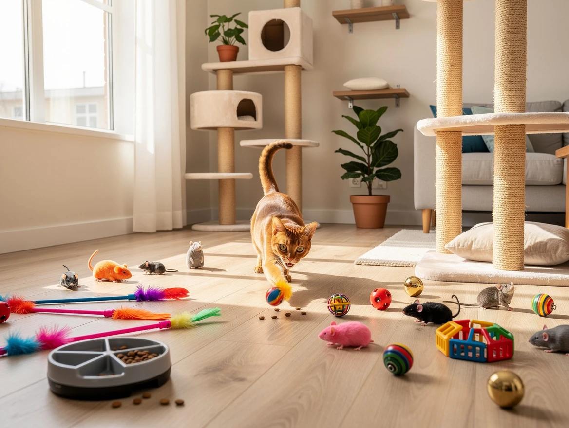 Is my cat depressed - a bright cat play area with toys, scratching posts, and climbing trees to prevent cat depression and provide enrichment.