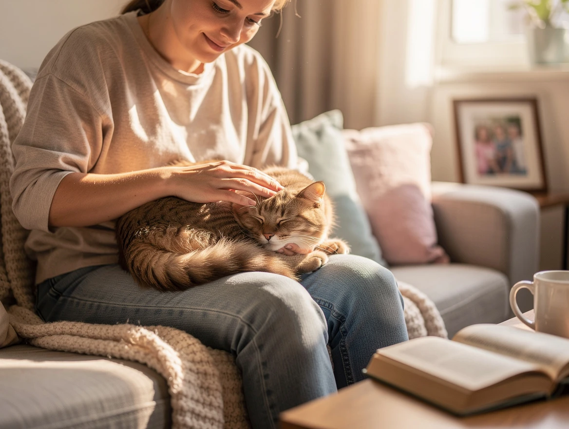 Why does my cat sleep on me - a person gently petting their sleeping cat on the lap, showing a tender bonding moment.