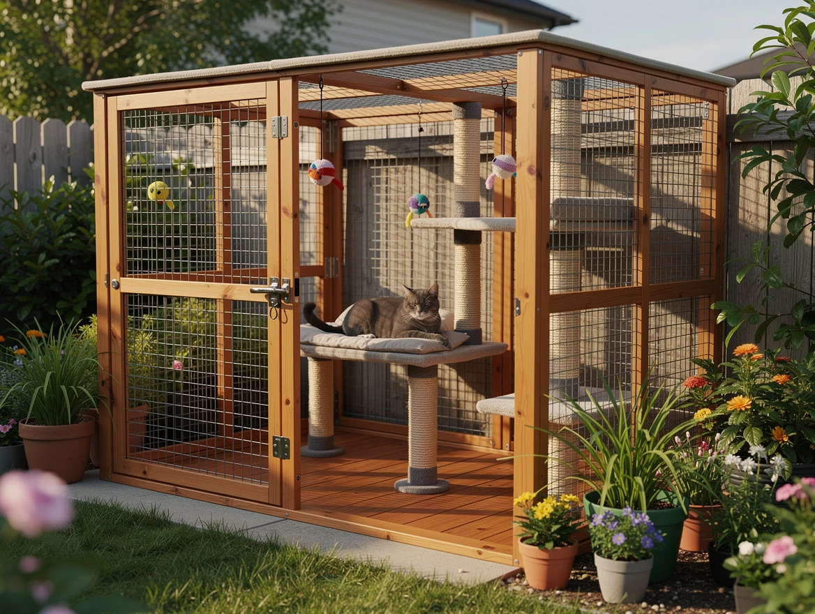 Cozy and secure outdoor cat enclosure catio with a relaxed cat inside