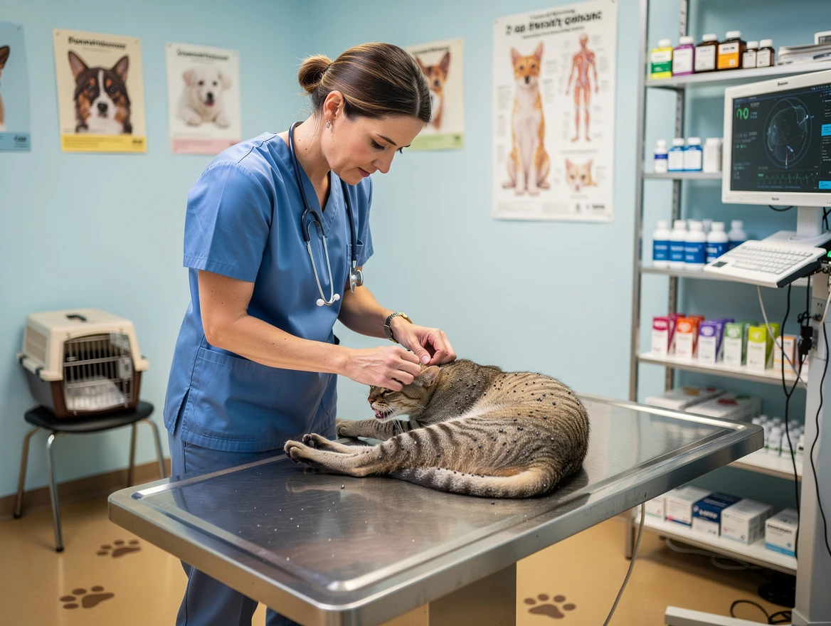 Veterinarian examining a cat with severe flea infestation signs including pale gums in a clinic