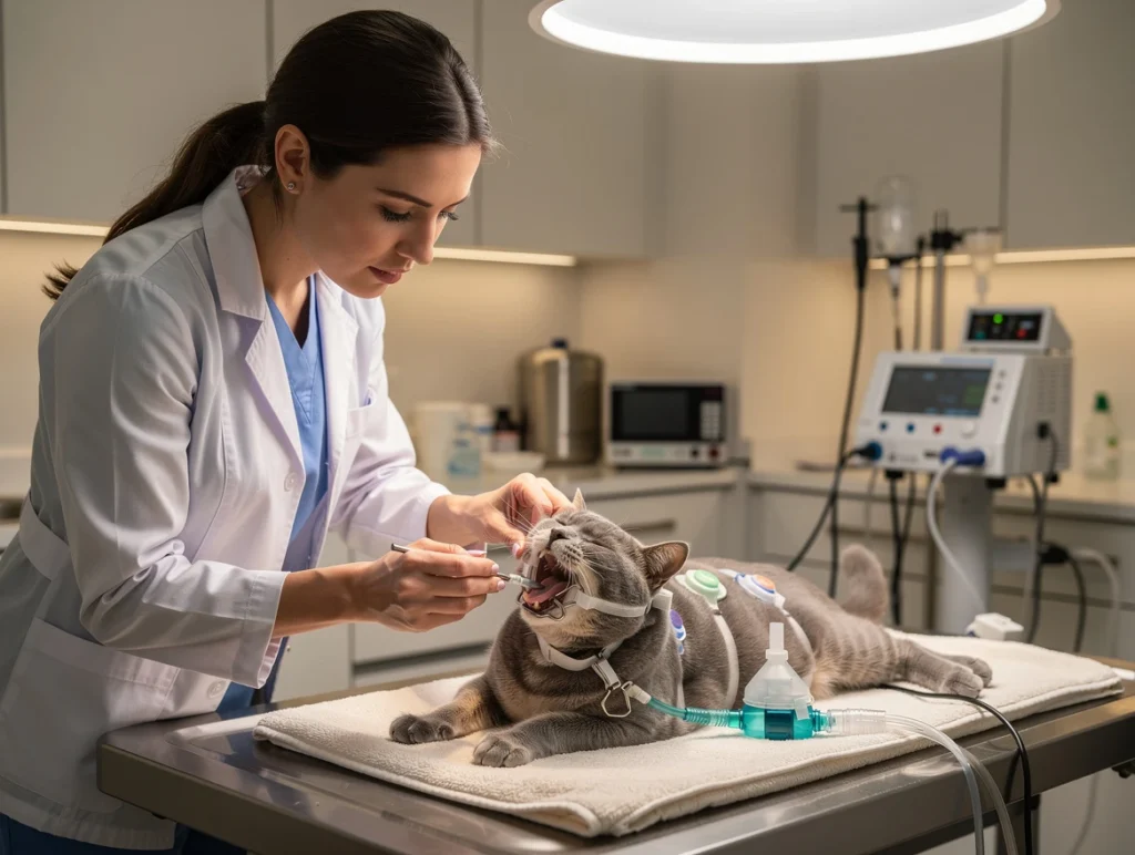 A professional veterinary clinic scene with a vet examining a cat's mouth under sedation using appropriate tools