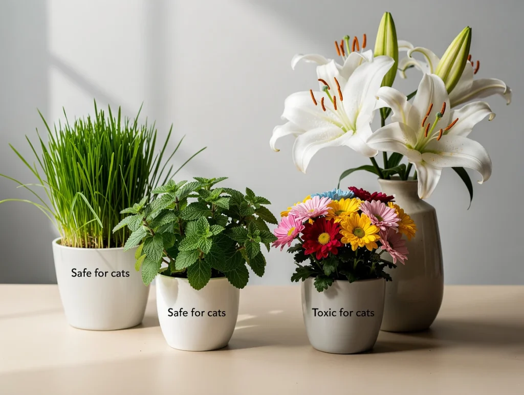 A comparative still life arrangement of different plants: safe cat grass and catnip on one side, and toxic lilies and chrysanthemums on the other
Are Roses Toxic to Cats?