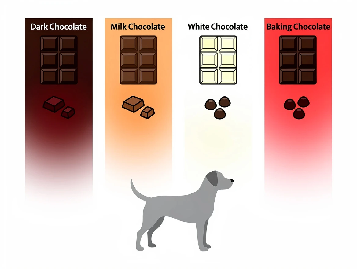 Infographic illustration of chocolate types and toxicity levels for dogs
