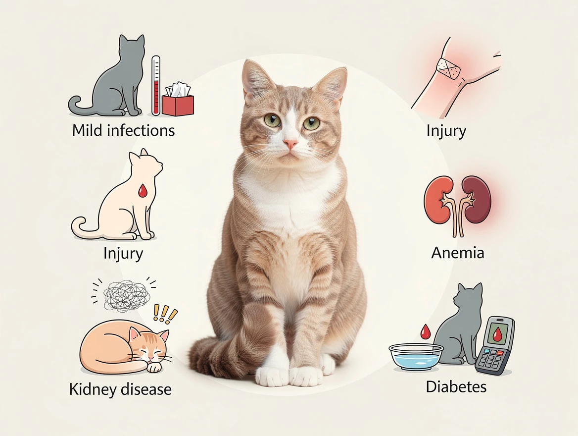 Informative illustration showing common cat lethargy causes with a healthy cat surrounded by icons