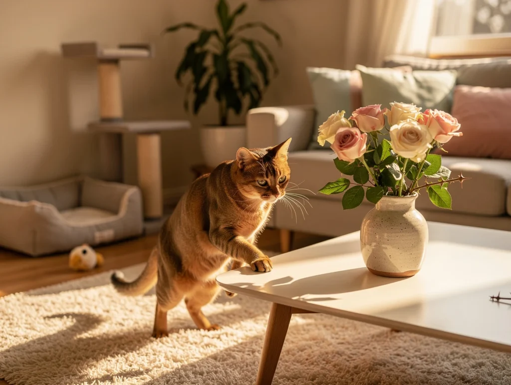 A cozy indoor scene showing a curious domestic cat cautiously sniffing a vase of fresh roses with visible thorns