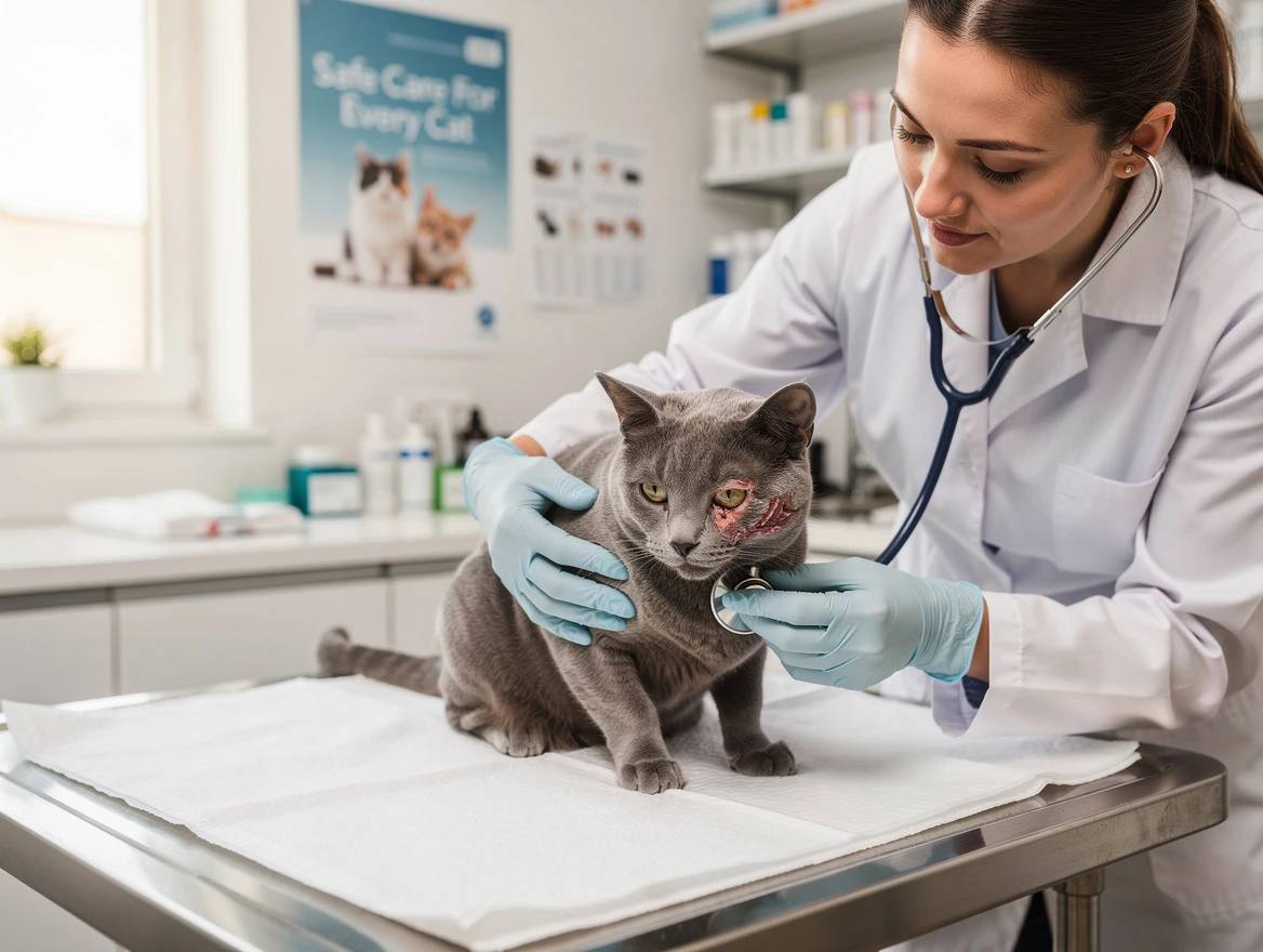 Compassionate veterinarian gently examining a cat with minor scratches in a clean clinic environment
