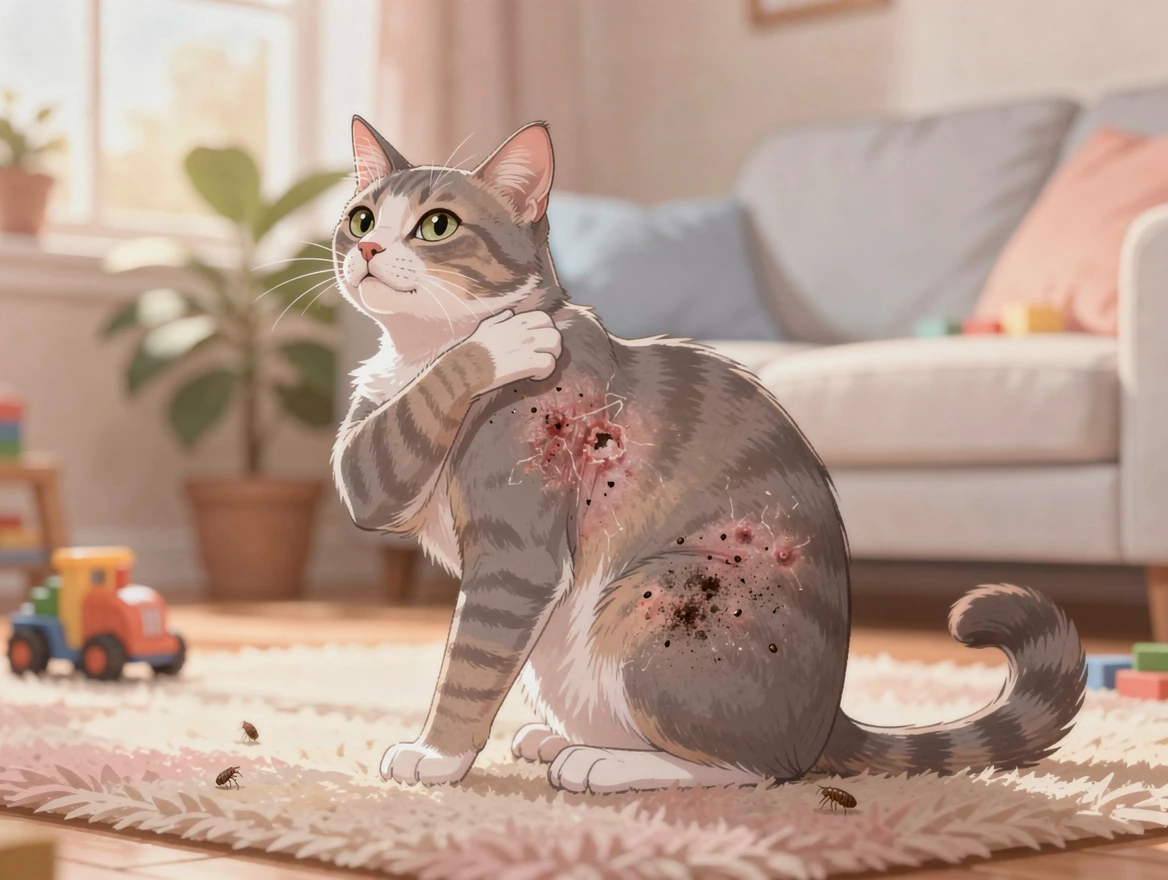 Cat showing signs of flea infestation including irritated skin red bumps and scratching in a home setting
