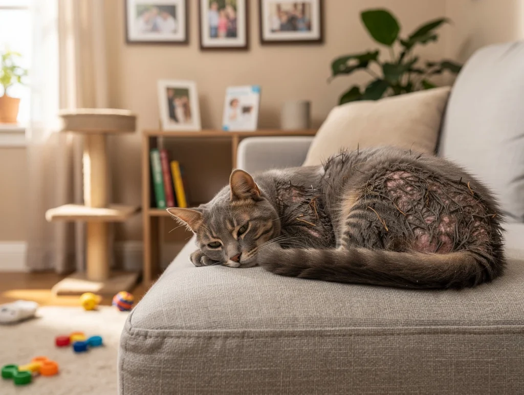 Cat with dull, unkempt coat showing lethargy and poor grooming Early Cat Diabetes Symptoms