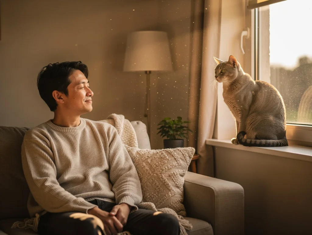 A cozy living room scene with a cat sitting on a windowsill staring lovingly at its human who is slow blinking back, warm natural light highlighting the affectionate bond between pet and person.