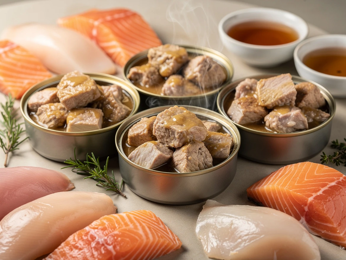 An artistic, close-up shot of a variety of cat wet food cans open with high-quality animal protein chunks visible, showing moisture and freshness, surrounded by fresh ingredients like chicken and fish to represent the definition and benefits of cat wet food cans.
