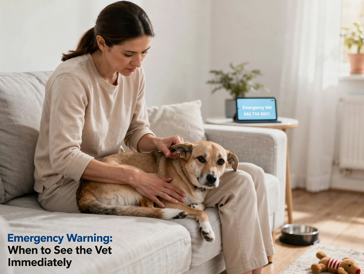Concerned dog owner gently examining a calm but tired dog on a couch in a bright home