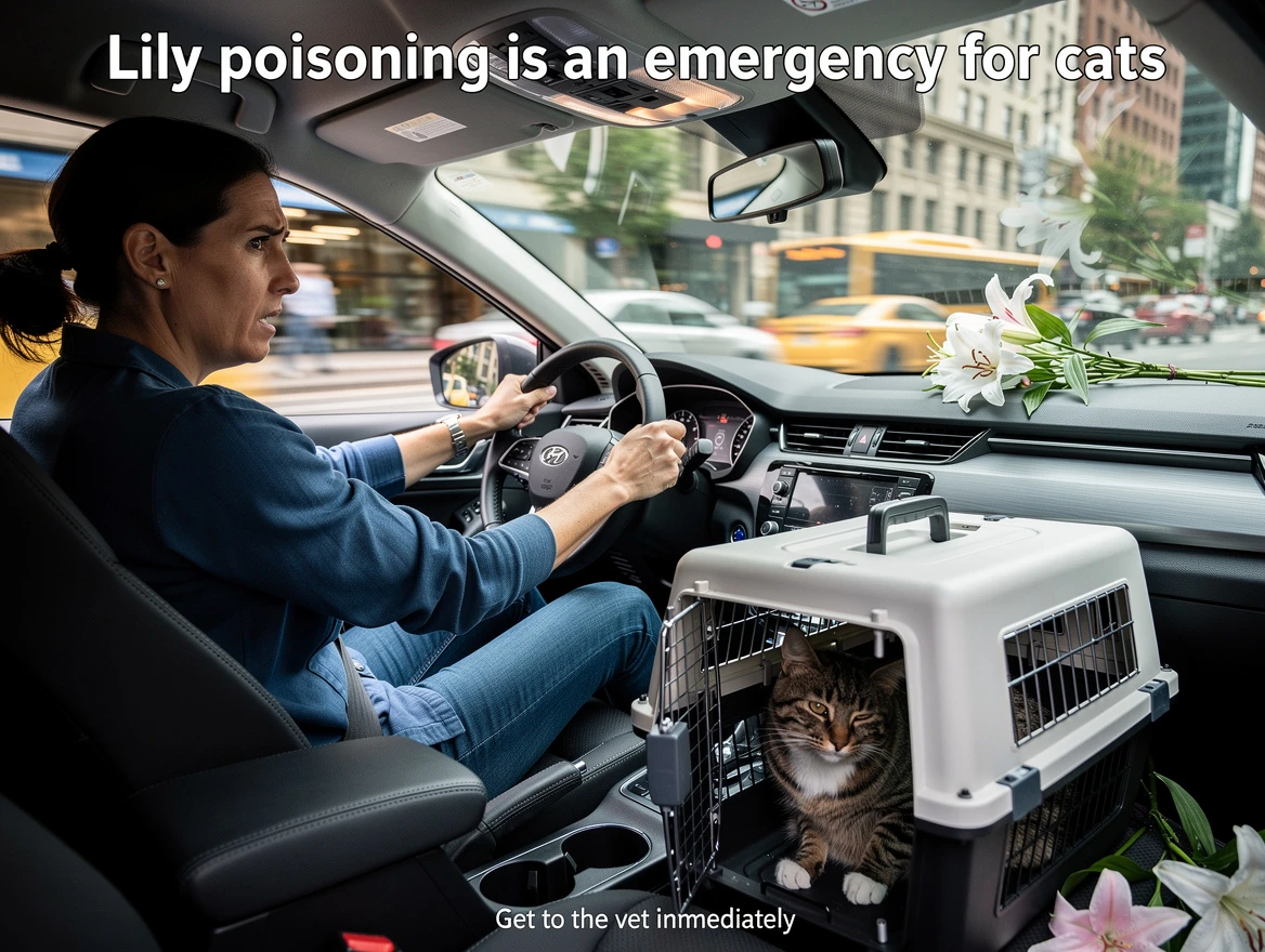 Worried cat owner urgently driving to vet with cat in carrier after lily exposure