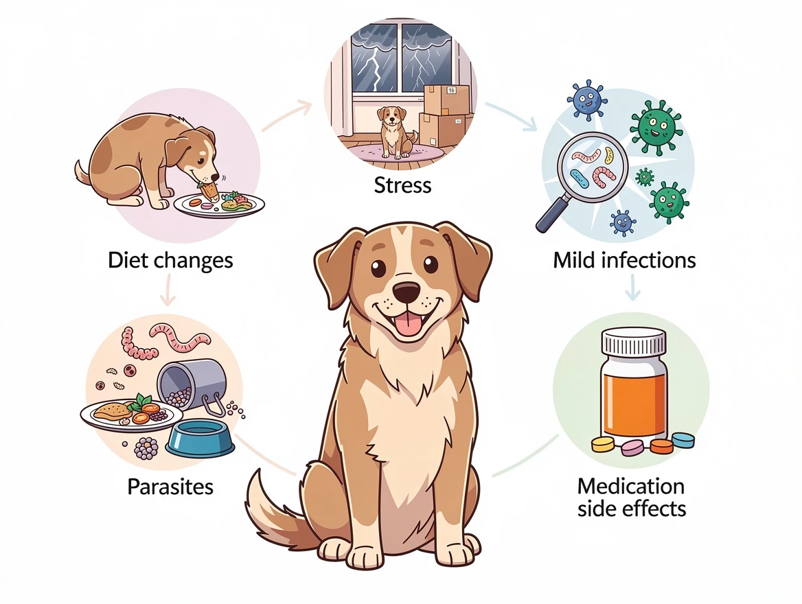 Infographic showing common causes of dog diarrhea with happy dog and icons for diet changes stress infections parasites