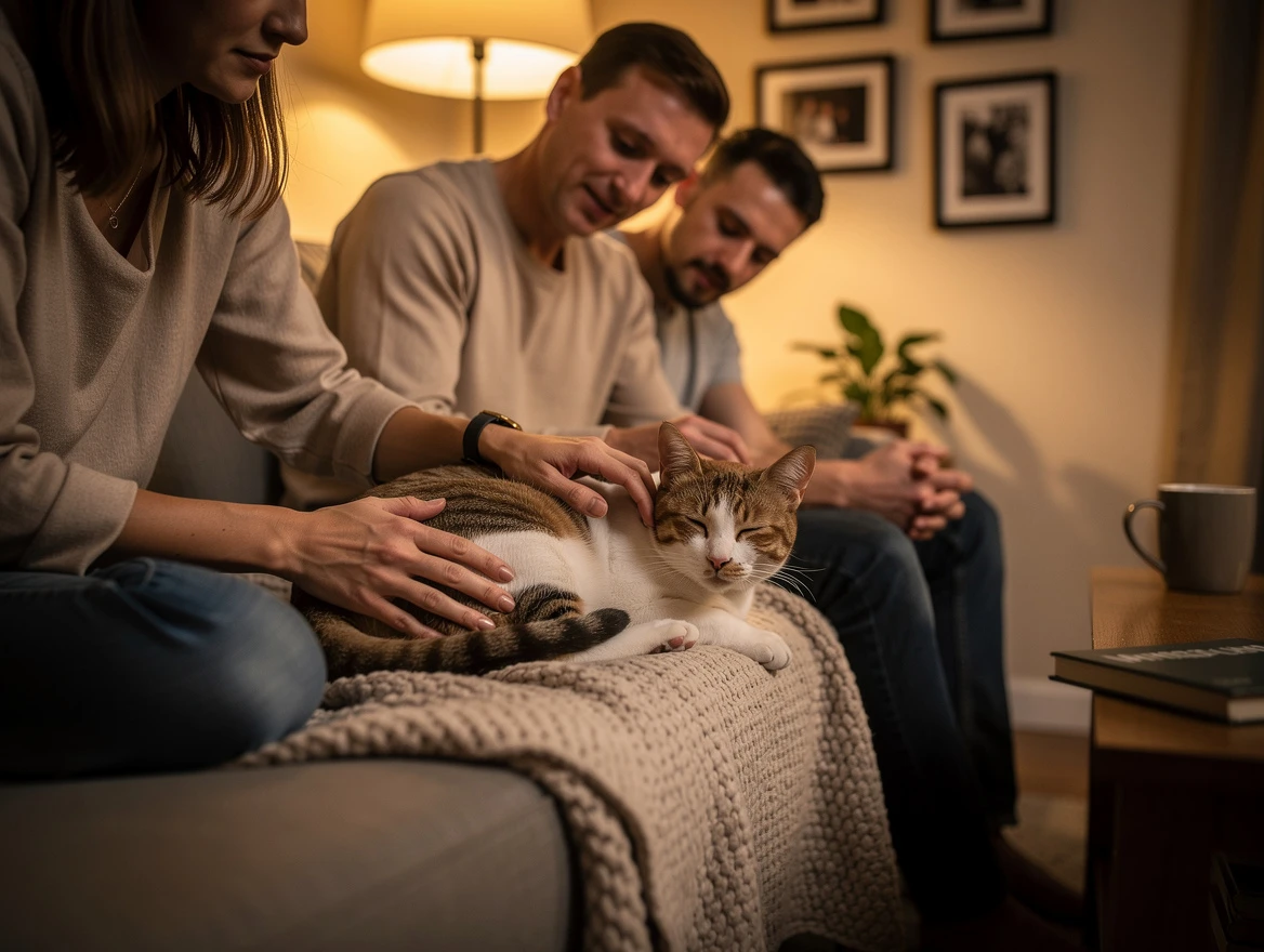 Cat lying peacefully on a soft blanket looking lethargic but comfortable and well-fed surrounded by gentle family members