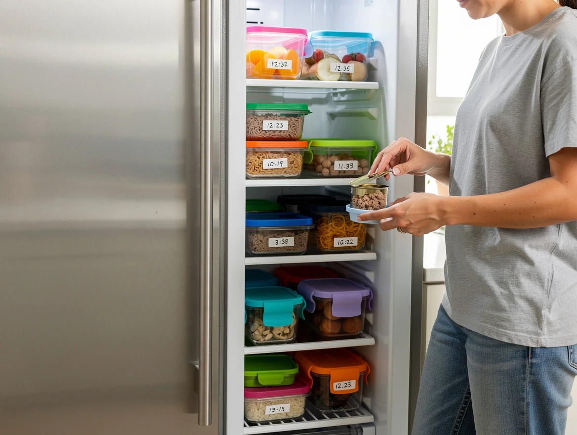 A well-organized home kitchen scene featuring a person correctly storing opened wet cat food cans in airtight containers inside a refrigerator, with silicone lids highlighting proper storage techniques to maintain freshness and safety.
