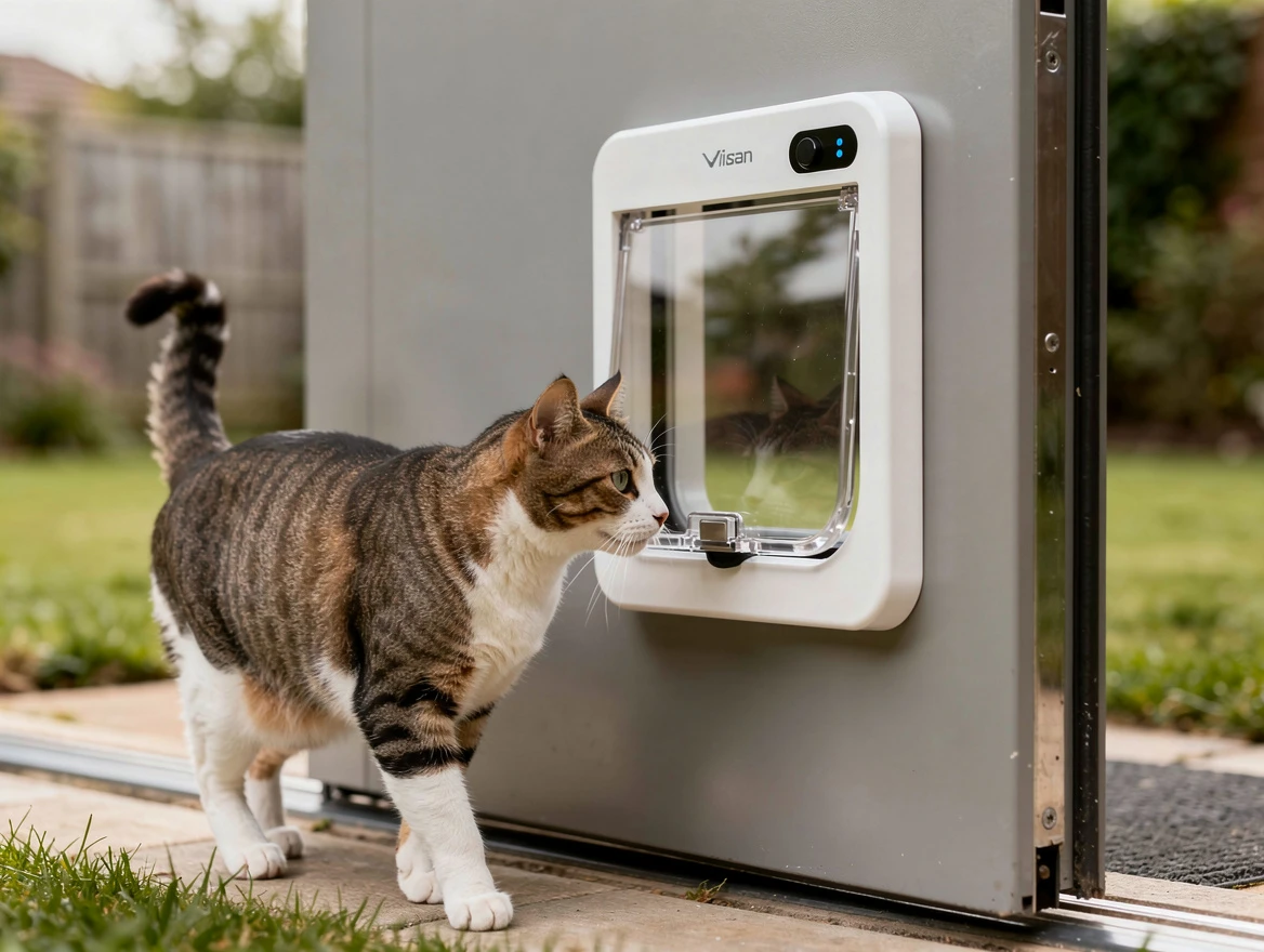 Microchip activated cat flap installed on a door with a curious cat approaching outdoors