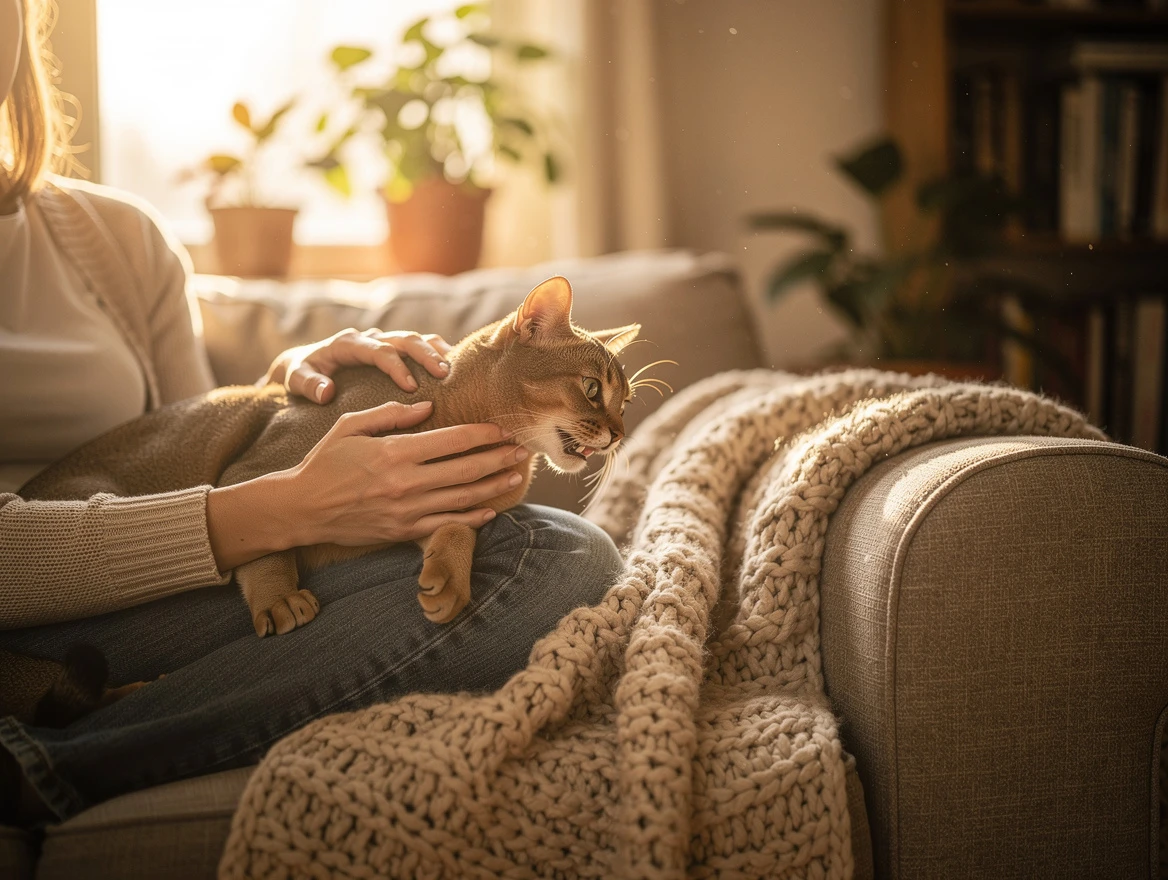 Why does my cat bite me gently out of nowhere — person cuddling calm cat who gives a gentle nibble showing affection