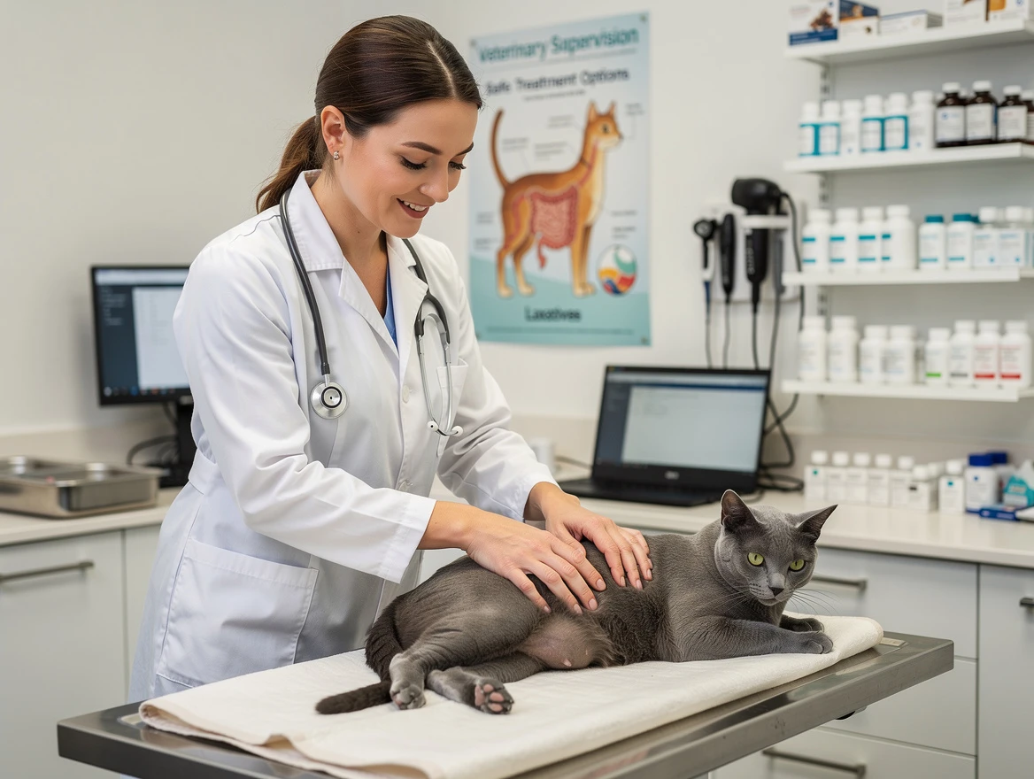 Cat being examined at the vet — when home remedies are not enough for cat constipation