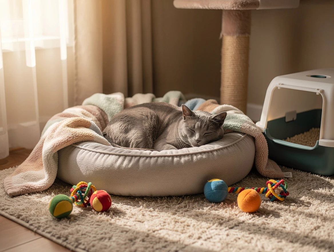 Cat resting peacefully on soft bedding in a calm recovery space — limiting activity helps wounds heal faster